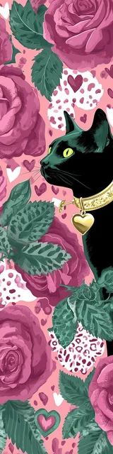 Cat bookmarks featuring small pink hearts with a black cat and big flowers